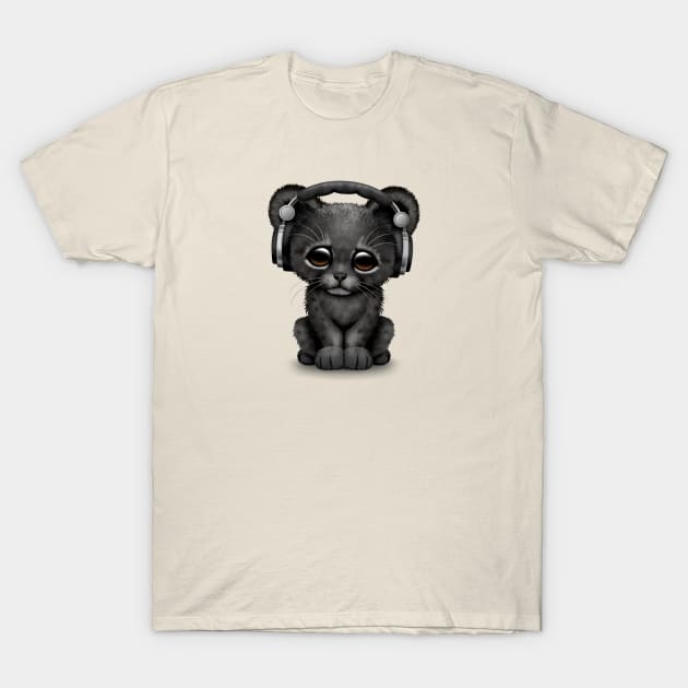 Cute Black Panther Cub Dj Wearing Headphones T-Shirt by jeffbartels